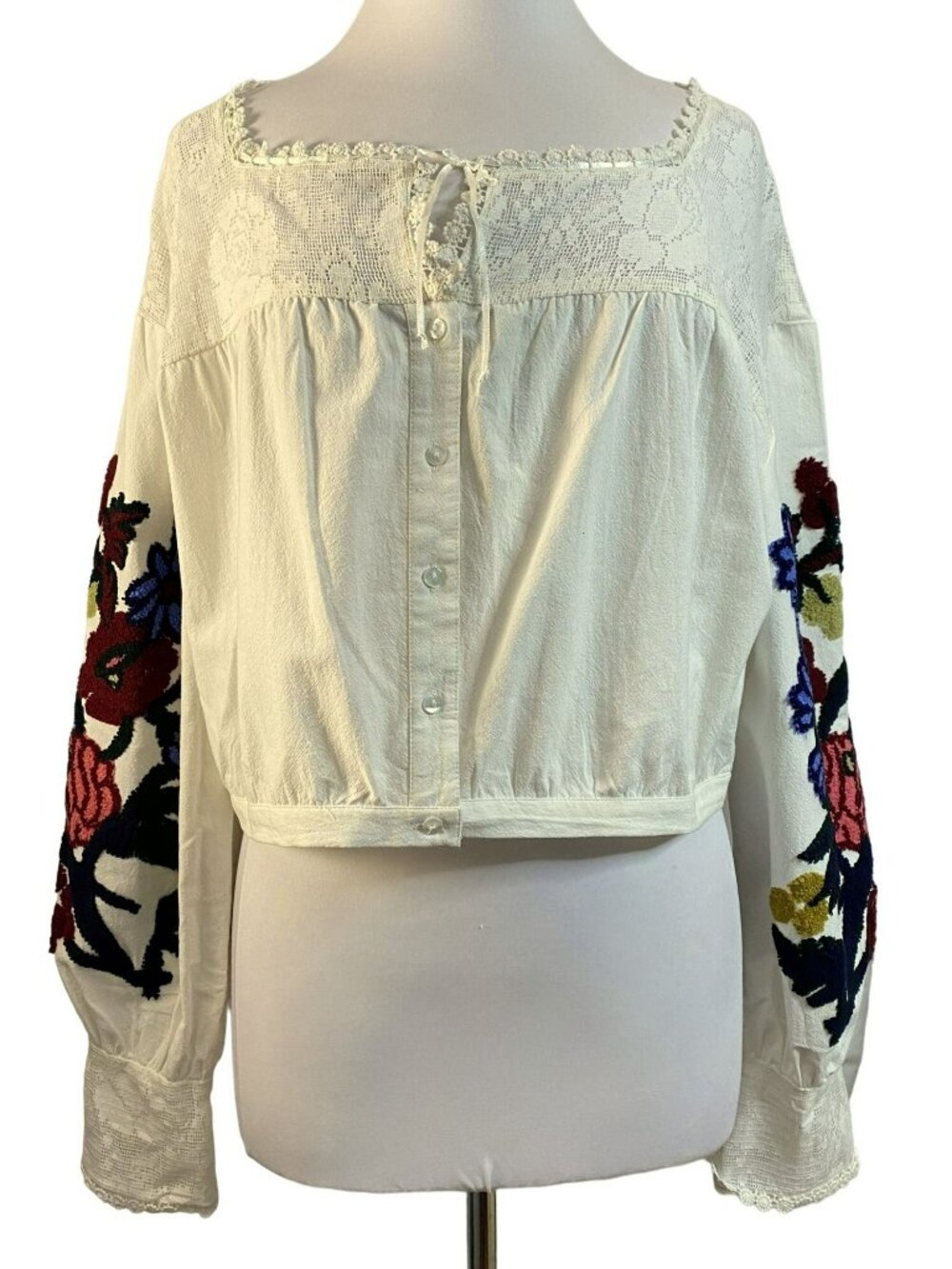 Free People Meadows Embroidered Boho Peasant Top Artsy Hippie Cropped Sz M NEW